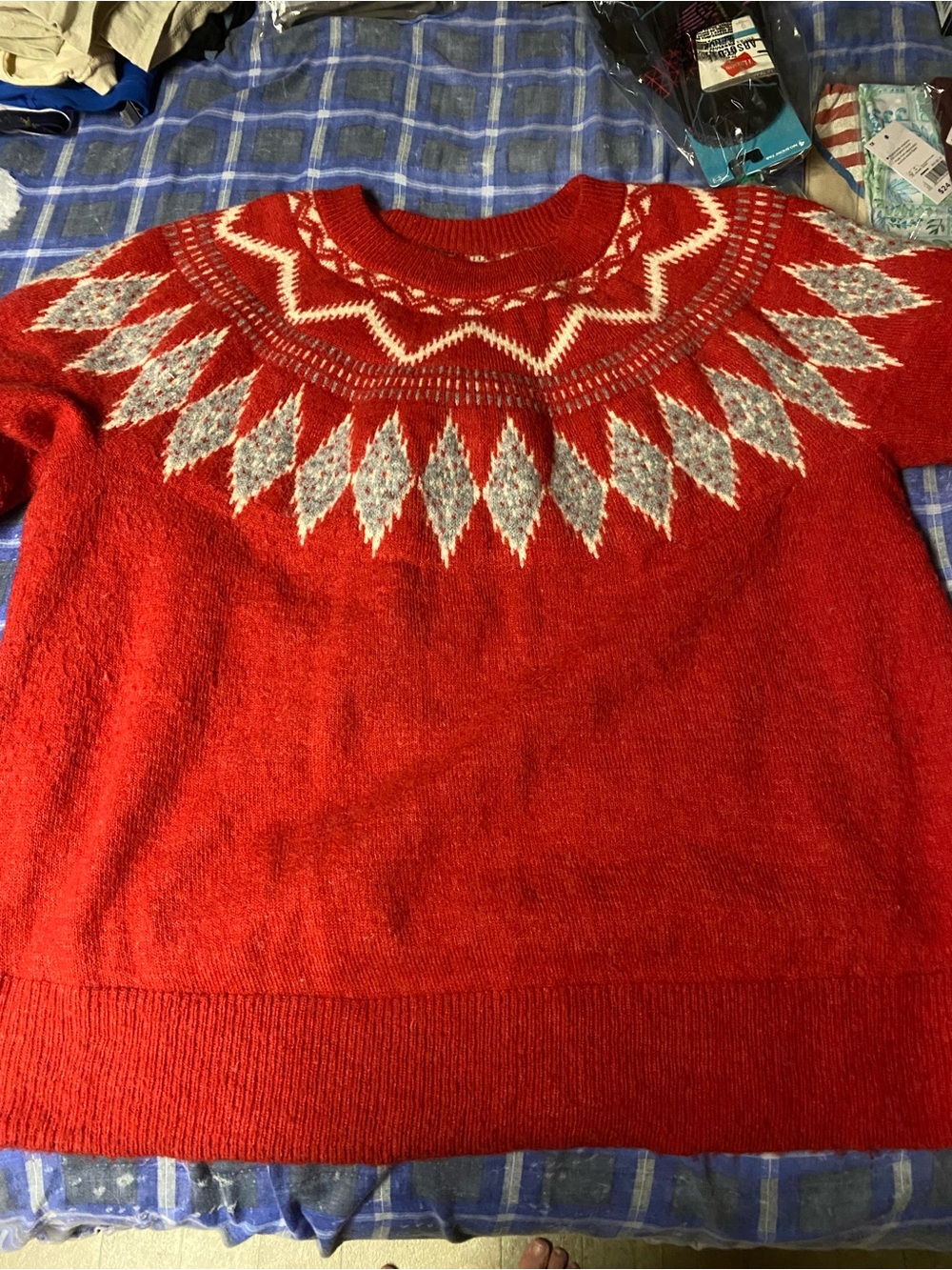 croft & barrow Red Fair Isle Crewneck Sweater with Gray and Cream Pattern